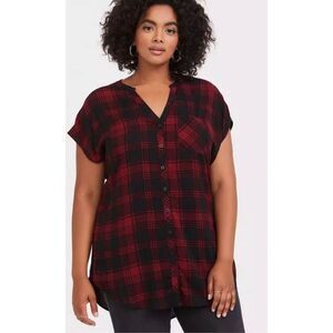Torrid Challis Dolman Tunic Top Red Black Plaid Button Down Size 2 Chest Pocket